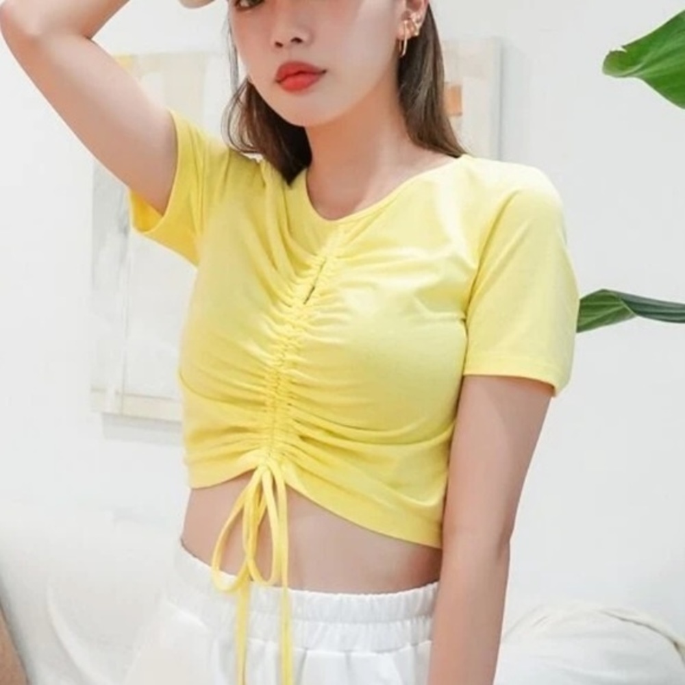 Bright Lemon Yellow Solid Drawstring Ruched Tee - Picture 1 of 3